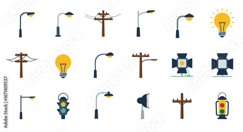 Modern flat style streetlights and utility poles collection featuring bulbs and traffic signals