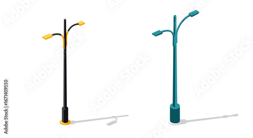 Modern two-tone streetlights with dual lamps on white background