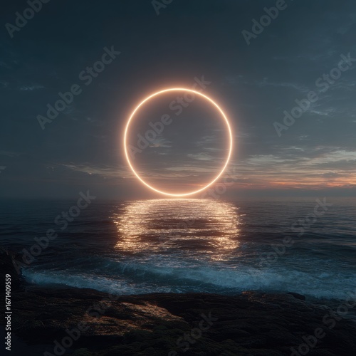 Golden ring over tranquil ocean at sunset