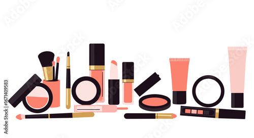 Colorful flat style makeup collection of cosmetics and beauty tools