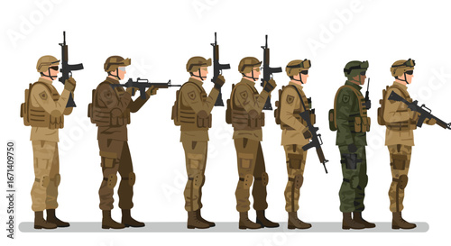 Flat style military soldiers in various uniforms and poses with weapons