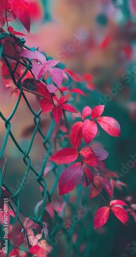 Vibrant crimson leaves clinging to a chain-link fence