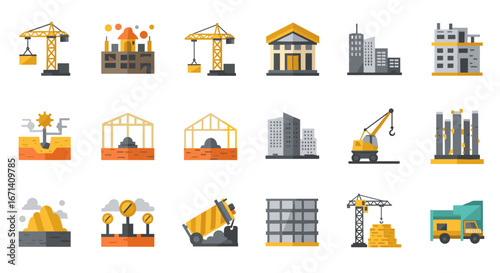Construction icons set featuring cranes, buildings, and equipment for industrial projects