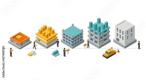 Isometric construction timeline with buildings and workers