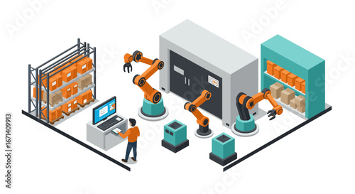 Automated warehouse with robotics and storage solutions in isometric design