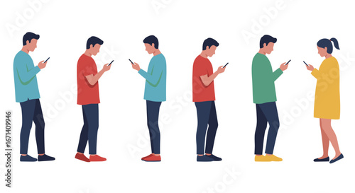 Diverse group of people engaged in smartphones with minimalist flat design