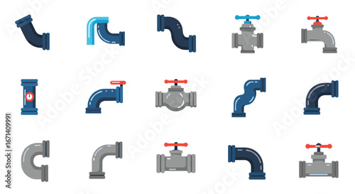 Colorful flat icon set of water pipe fittings and valves for plumbing design