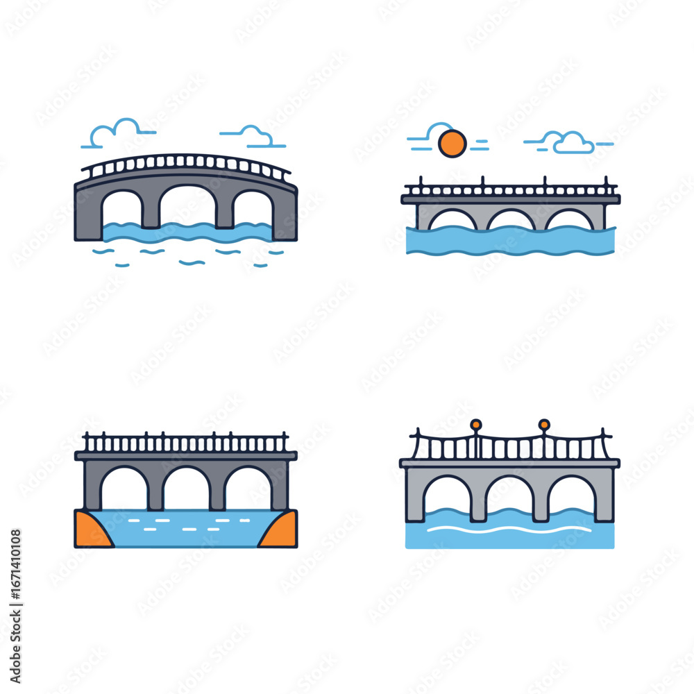 Naklejka premium Four Bridges Bridge illustrations with water, clouds and other details