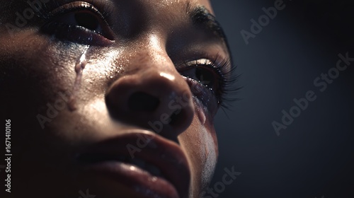 An emotional close-up of a young woman with dark hair, highlighting tears streaming down her face in a dramatic lighting.