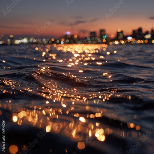 Golden city lights reflecting on rippling water at dusk
