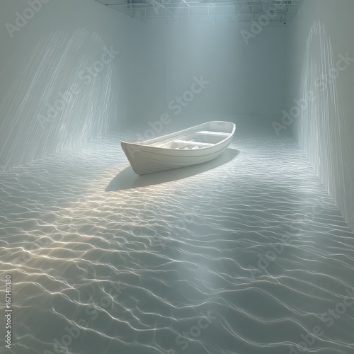 White boat in a light-filled, underwater-like room