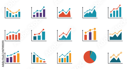 Colorful data charts with diverse graph types for analysis and presentation