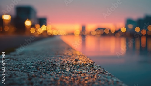 City waterfront at dawn, blurred cityscape, warm light reflecting on water