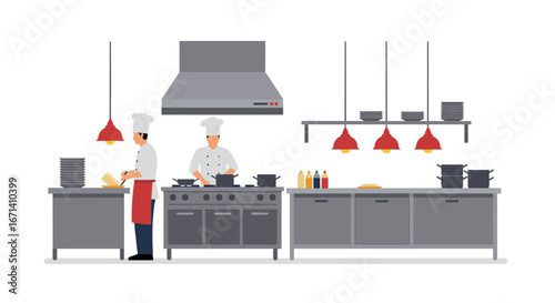 Modern restaurant kitchen with chefs cooking under industrial lights