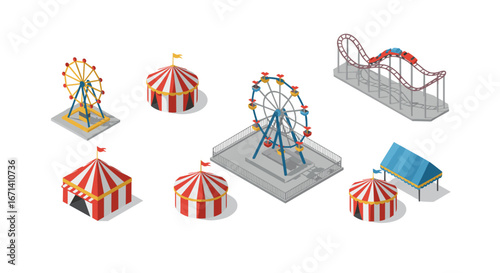 Isometric carnival rides and tents: ferris wheel, roller coaster, colorful circus tents