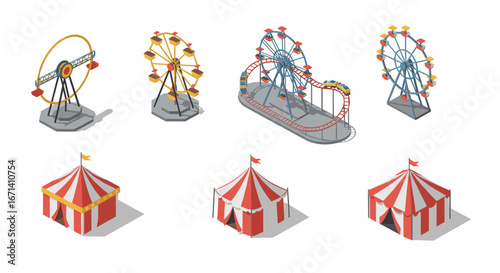 Isometric carnival funfair rides and tents set in red and yellow theme