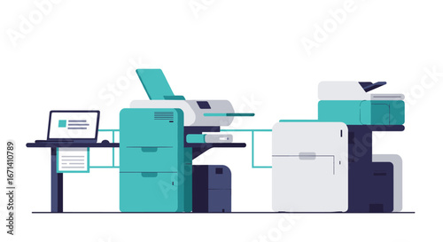 Modern office equipment arrangement with printer, scanner, and laptop in minimalist style