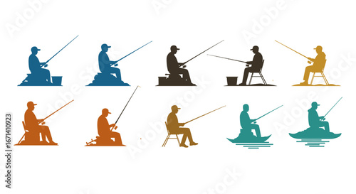 Silhouette collection of people fishing in various positions with fishing poles