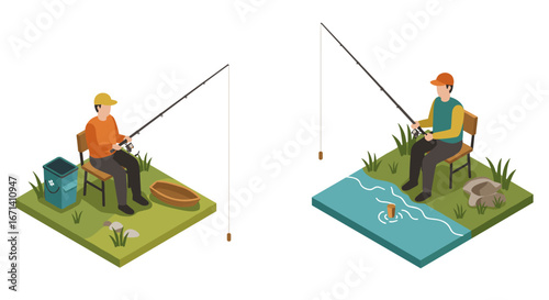 Isometric fishing scene: two men fishing outdoors with gear and nature elements