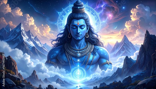 Majestic Blue Hindu God Spirit Surrounded by Mountain Landscape and Cosmic Sky