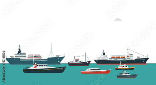 Flat style marine fleet with cargo ships, yachts, and boats on ocean horizon