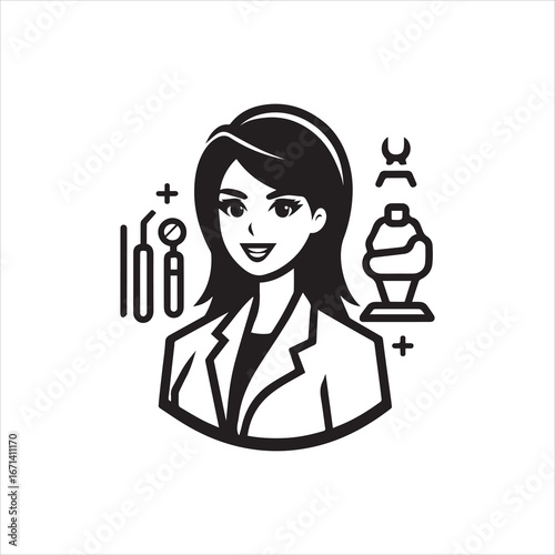 Confident female dentist with dental tools and filling icon in black and white.