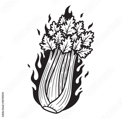 Artistic illustration of burning celery stalks with flames in black and white