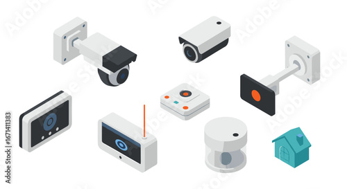 Isometric smart home security devices set for modern surveillance solutions