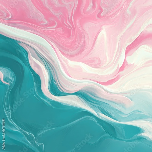 Abstract swirl of pink, teal, and white paint