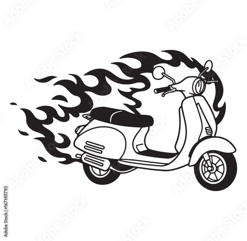 Black and white retro scooter speeding with flames isolated on a white background vector illustration