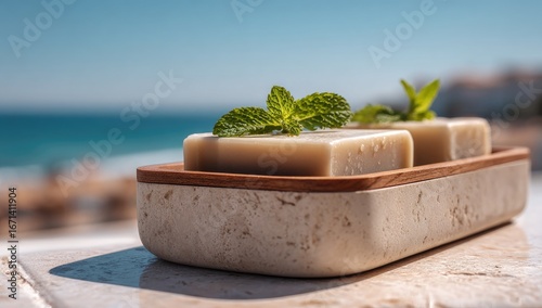 Two light beige soap bars, nestled in a light beige stone tray, adorned with fresh mint leaves, sit on a patio overlooking a blurry ocean view