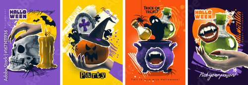 Collection of vibrant and exciting Halloween party posters. Newspaper paper stickers in halftone tones vector illustrations.