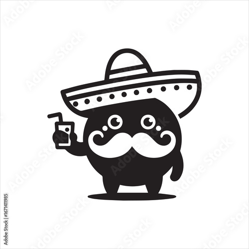 Cute Cartoon Character in Sombrero with Drink.
