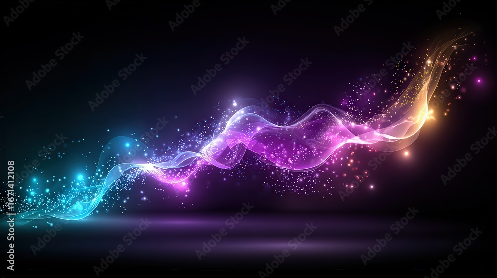 Obraz premium A vibrant abstract background of flowing waves in blue, purple, and gold hues, creating a sense of movement and energy, Perfect for digital art projects, presentations, or advertising,