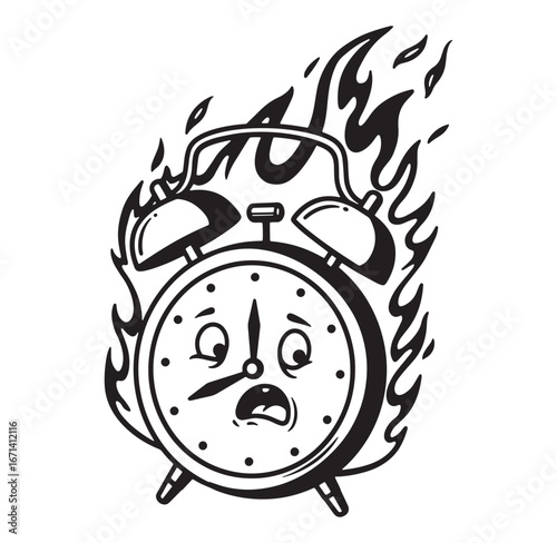 Burning alarm clock illustration depicting urgency and stress in a bold black and white style