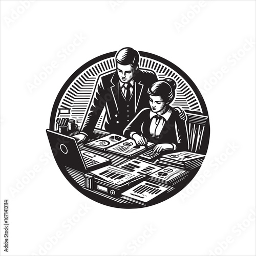 Engraved Style Illustration of Business Professionals Analyzing Data Together.