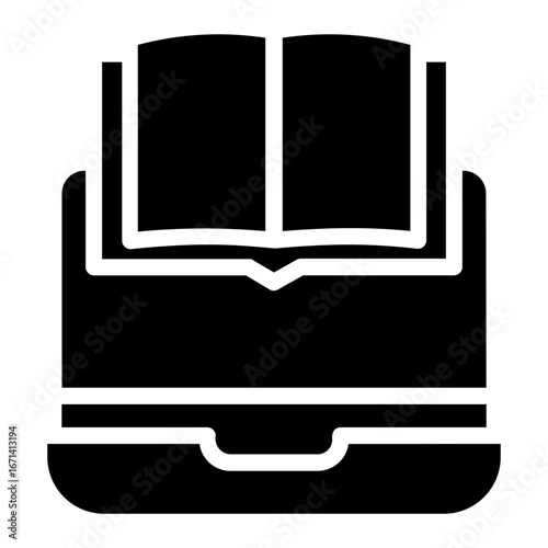 Solid glyph icon representing online education with an open book on a laptop screen, symbolizing e-learning and digital library access
