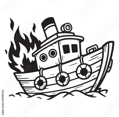Cartoon illustration of a burning boat on the water rendered in a monochrome style