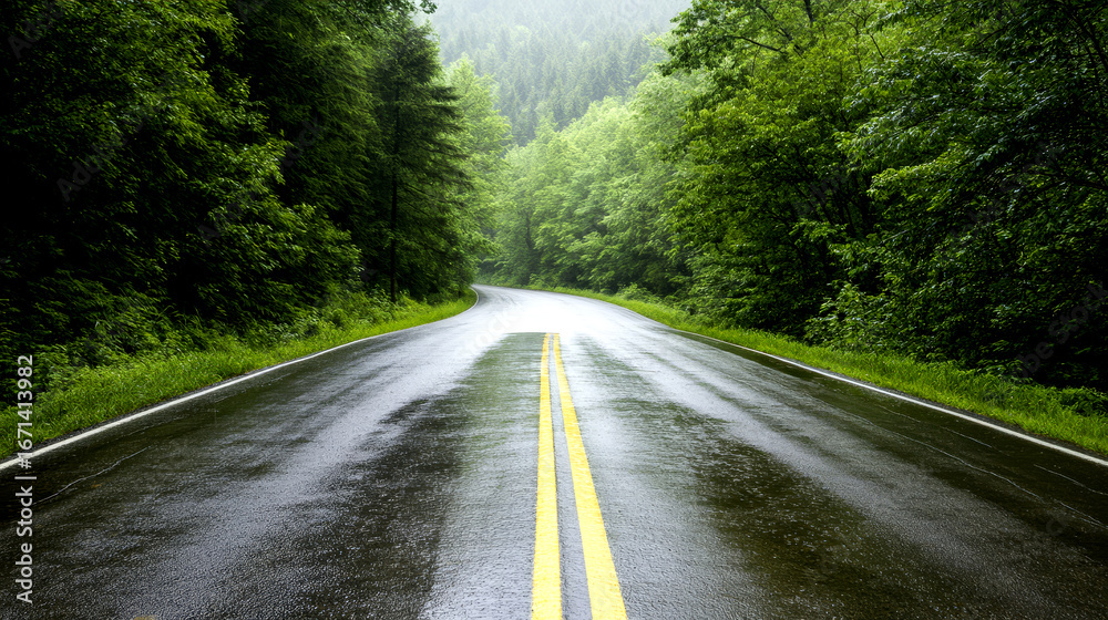 Fototapeta premium A winding road curves through a vibrant green forest, reflecting the recent rain on its surface while surrounded by tall trees