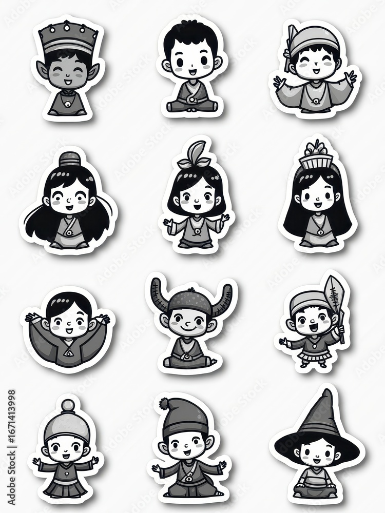 Naklejka premium Twelve charming, stylized characters in grayscale, each wearing distinctive attire and accessories, conveying a sense of playful wonder and cultural diversity.
