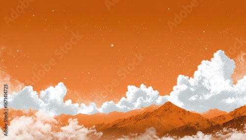 Orange landscape with white clouds and stars