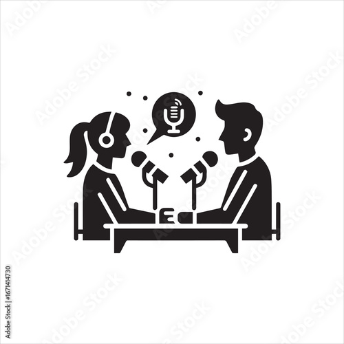 Podcast Hosts Discussing Content with Microphones and Speech Bubble Icon.
