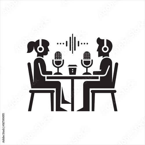 Podcast Recording Two People with Microphones and Audio Waveform.