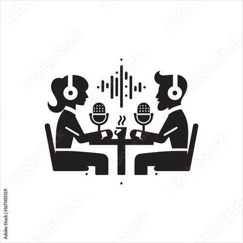 Podcast Recording Two People with Microphones and Sound Waves Coffee Present.