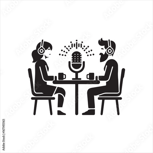 Podcast recording with two people microphone and coffee cups on the table.