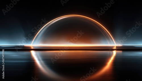Neon arch over reflective water surface