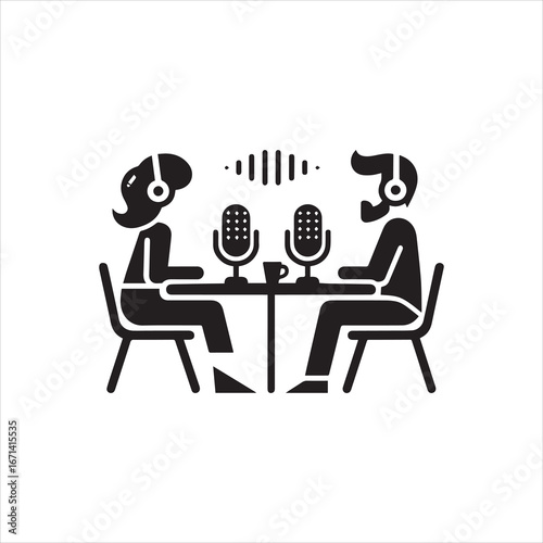 Podcast recording with two people microphones sound waves and a coffee cup.