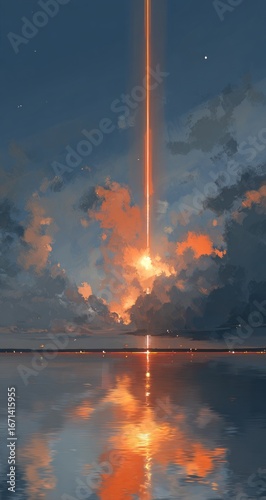 Dramatic sunset over water, vibrant colors, a beam of light pierces the clouds