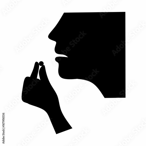 Vector illustration of a woman's face taking a pill on a white background. A woman holds a pill with her mouth open.