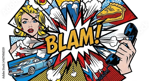 Explosive Pop Art Comic Book Collage with Retro Elements.